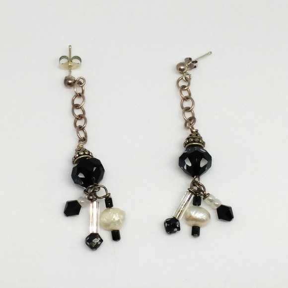 Black Glass Bead Pearl Sterling Silver Earrings - Picture 2 of 7